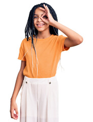 Poster - Cute african american girl wearing casual clothes doing ok gesture with hand smiling, eye looking through fingers with happy face.