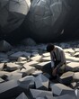 A mysterious figure crushing a stone underfoot with a look of deep contemplation anime 3d