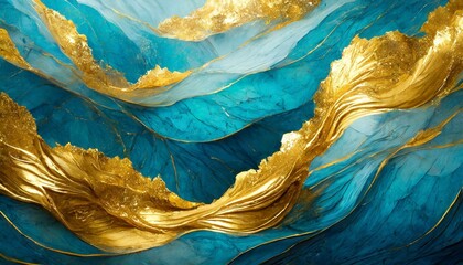 Wall Mural - abstract background.a mesmerizing 3D wallpaper with a sky blue background and golden waves cascading down, exuding a sense of movement and energy, perfect for adding visual interest to corporate lobbi