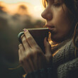 Young woman with a cup of coffee outdoors at dawn, natural background, close-up, solitude and contemplation