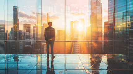 Poster - A man stands in front of a window looking out at the city. The sun is setting, casting a warm glow over the buildings. The man is lost in thought, perhaps contemplating his work or his life