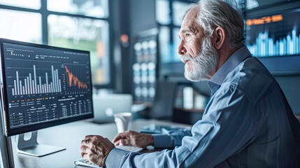 Poster - A man in a gray shirt is sitting at a desk with a computer monitor in front of him. He is looking at the screen intently, possibly working on a project or analyzing data