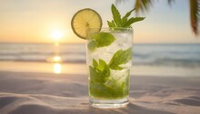 Mojito Cocktail Decorated With Lime Over Sunny Beach With Palm Trees Background