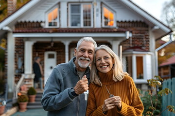 An elder couple standing in front of a house they bought and holding the keys to it