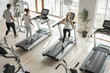 Fitness enthusiasts utilizing the office gym during breaks for a quick workout,