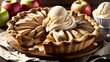 Freshly baked apple pie with vanilla ice cream scoop on top, surrounded by whole apples and extra ice cream on the side.