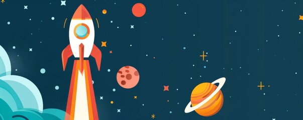 Wall Mural - a colorful poster of a rocket launching into space with planets