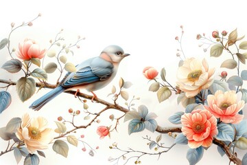 bird on a branch with flowers, delicate watercolor illustration of birds and flowers on a clean whit