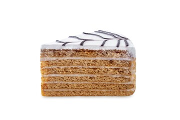 Wall Mural - Honey cake with icing and chocolate on a white isolated background