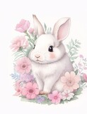 Fototapeta Dziecięca - simple watercolor floral illustration of cute little rabbit. Easter egg theme.
