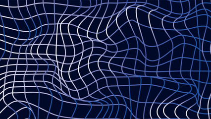 Vector abstract background with variously twisted grid. Dark blue background. Grid of light gradient color. Abstract wallpaper, backdrop, web.