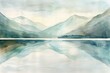 An artistic watercolor interpretation of a serene lakeside view, with reflections of mountains in the still water, on a white canvas