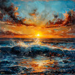 A sunset over the ocean, where the sun's fiery descent is matched by the sea's powerful waves. The sky is adorned with dramatic clouds, and the ocean below mirrors the sunset's passion. 