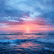 An ocean at sunset, where the vibrant sky's colors are mirrored by the dynamic sea below. The sun, a blazing orb, illuminates the clouds and water with a spectrum of fiery hues.
