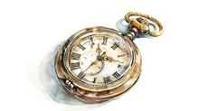 Elegant Watercolor Illustration Of A Vintage Pocket Watch, Its Hands Frozen In Time, On A White Background