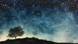 Watercolor depiction of a midnight sky, stars twinkling above a silhouetted landscape, on a white background