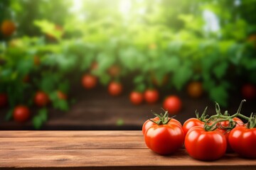 Empty wooden table copy space with tomato farm in background, Few ripe vegetables on desk. Product display template.