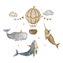 Vintage whales, narwhal and sperm whale flying in sky with air balloon, clouds and stars watercolor isolated illustration. Sea animals in retro cartoon style for baby room poster and nursery decor 