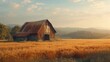 A serene rural scene featuring an old barn in a wheat field, basked in the warm glow of a setting sun.