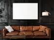 One white poster mockup hang above a brown leather sofa, advertisement inspired,