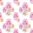 Festive seamless pattern with gift boxes,flowers and bows. Watercolor hand painted background.