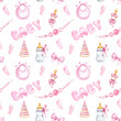 Cute seamless pattern for baby girl textile, baby shower, clothes. Watercolor hand painted background.