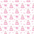 Fashion seamless pattern for baby girl with pink dresses, bows. Watercolor hand painted background.