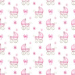 Watercolor seamless pattern with baby carriage. Kids background for baby girl.