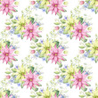 Bright floral pattern. Watercolor hand painted seamless pattern with pink,yellow flowers and green leaves.