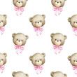 Seamless pattern with teddy bear. Watercolor hand painted seamless pattern for baby girl with teddy bear and pink bow.
