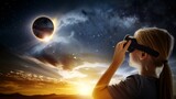 Fototapeta Boho - People witnessing total solar eclipse in sky. Concept of people, weather, science and space.