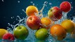 flying fruit with water, fruits in water
