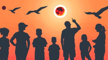 Sticker - People witnessing total solar eclipse in sky. Concept of people, weather, science and space.