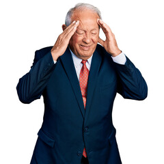 Canvas Print - Senior man with grey hair wearing business suit and tie with hand on head, headache because stress. suffering migraine.