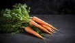 Bunch of fresh organic carrots with green leaves over dark texture background