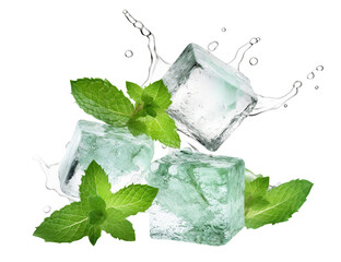 Poster - Fresh mint leaves splashing with ice cubes, cut out