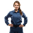 Young woman stands confidently wearing a professional mechanics uniform, cut out