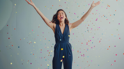 Sticker - A jubilant woman raises her arms amidst a shower of confetti.