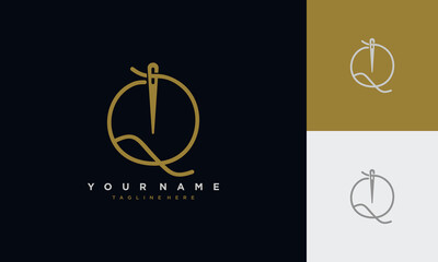 Wall Mural - Initial letter q sewing logo formed from thread and needle with gold colour