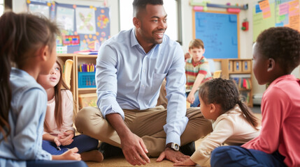 Sticker - A teacher is engaging with young students seated around him in a classroom setting.