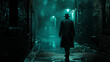 Mysterious foggy alleyway with a lone figure in a trenchcoat and hat walking away.