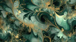 Abstract fractal marble pattern, in the style of pale greens, dark emerald and gold, marbleized, expressionistic madness, iridescence / opalescence, mixed media printing.
