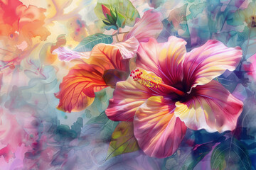 Wall Mural - A watercolor painting of a pink hibiscus flowers with a yellow center