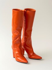 Wall Mural - Pair of bright orange leather knee high boots on white background.