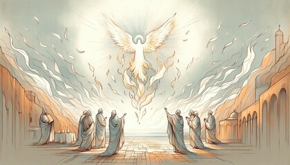 Wall Mural - Pentecost. The descent of the Holy Spirit on the Apostles. Digital illustration.