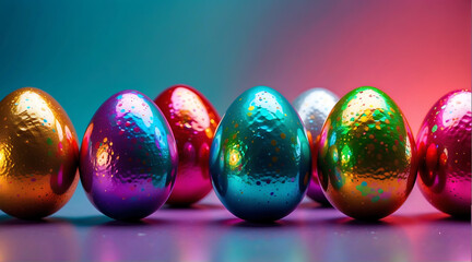 Wall Mural - Holographic metallic painted Easter eggs on gradient background with copy space, pastel colorful Easter banner eggs on table with bokeh lights in the pastel background

