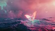 a glowing butterfly middle of a stormy ocean with a light pink sky