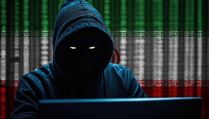 Hacker in a dark hoodie sitting in front of a monitors with Iran flag and background cyber security concept