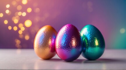 Wall Mural - Holographic metallic painted Easter eggs on gradient background with copy space, pastel colorful Easter banner eggs on table with bokeh lights in the pastel background

