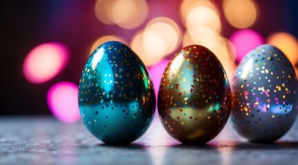 Wall Mural - Holographic metallic painted Easter eggs on gradient background with copy space, pastel colorful Easter banner eggs on table with bokeh lights in the pastel background

